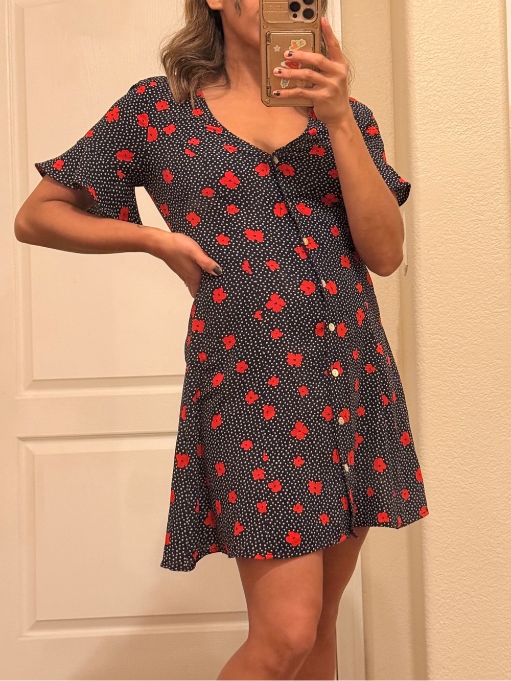 Forever 21 Navy Blue Dot & Red Floral Button-Front Dress